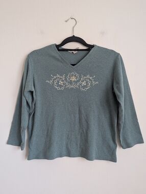 VTG 90s Pendleton V-Neck Sage Green 3/4 Sleeve Thick Cotton Shirt Floral Crest M